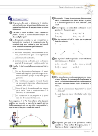 Tema 2. Movimiento de proyectiles




                                                                            5 Responde. ¿Puede afirmarse que el tiempo que
                                                                               tarda el cuerpo en ir del punto A hasta el punto
                  1 Responde. ¿En qué se diferencia el plantea-                B es el mismo que tarda en ir de B hasta C? ¿Por
                      miento hecho por Aristóteles y Galileo con res-          qué?
                      pecto al movimiento de un cuerpo en un plano          6 Con respecto a la norma de la aceleración en los
                      horizontal?                                              puntos A y B es cierto que:
                 2 Un niño va en su bicicleta y choca contra una               a. aA Ͻ aB               c. aA ϭ aB ϭ g
                      piedra. ¿Cómo es su movimiento después del
                      choque? ¿Por qué?                                        b. aA . aB               d. aA ϭ aB ϭ 0

                 3 La trayectoria seguida por un proyectil en su            7 En los puntos A, B y C el vector que representa
                      lanzamiento resulta de la composición de dos             la aceleración es:
                      movimientos, uno vertical y otro horizontal,             a.                       c.
                      estos movimientos son respectivamente:
                      a. Rectilíneos uniformes.
                      b. Rectilíneo uniforme y uniformemente acele-
                                                                               b.                       d.
                         rado, con aceleración igual a la de la gravedad.
                      c. Uniformemente acelerados.
                                                                            8 En el punto C de la trayectoria la velocidad está
                      d. Uniformemente acelerado, con aceleración              representada por el vector:
                         igual a la de la gravedad y rectilíneo uniforme.
                                                                               a. (v0 ؒ cos ␣; 0)       c. (v0 ؒ cos ␣; v0 ؒ sen ␣)
                 4 Escribe V, si el enunciado es verdadero o F, si es          b. (0; v0 ؒ sen ␣)       d. (0; 0)
                      falso.
                           En un lanzamiento horizontal, el movi-
                           miento a lo largo del eje x del cuerpo es rec-
                           tilíneo uniforme, porque no hay nada que lo
                           perturbe.                                        9 Dos niños juegan con dos canicas en una mesa,
                                                                               si uno deja caer la canica desde la altura de la
                           La posición que ocupa un proyectil durante          mesa y al mismo tiempo el otro niño empuja
                           su movimiento tiene una sola componente             su canica horizontalmente desde el borde de la
                           que está sobre el eje y.                            mesa,
                           Para calcular la altura alcanzada por un pro-       a. ¿cuál de las dos canicas llega primero al suelo?
                           yectil en la Tierra es suficiente conocer la           ¿Por qué?
                           velocidad de lanzamiento.
                                                                               b. ¿cuál llega con mayor velocidad al suelo? ¿Por
                           La aceleración de un proyectil en el punto             qué?
                           más alto de su trayectoria es cero.
               Las preguntas 5, 6, 7 y 8 se refieren a la siguiente
               gráfica, que muestra la trayectoria seguida por un
               balón que es pateado por un niño, con velocidad vo
               que forma un ángulo ␣ con la horizontal.


                                               B


                                A                             C             10 Responde. ¿Por qué en un partido de fútbol,
                                                                               cuando se cobra un tiro de esquina, suele co-
                                                                               brarse por el aire y no por el suelo?

                                                                                                                         © Santillana    89


FI10(86-93).indd 89                                                                                                                     5/10/10 7:26
 