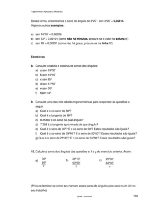 Trigonometria Aplicada à Mecânica
SENAI - Guarulhos 103
Dessa forma, encontramos o seno do ângulo de 3º20’: sen 3º20’ = 0,05814.
Vejamos outros exemplos:
a) sen 74º10’ = 0,96206
b) sen 63º = 0,89101 (como não há minutos, procura-se o valor na coluna 0’)
c) sen 10’ = 0,00291 (como não há graus, procura-se na linha 0º)
Exercícios
8. Consulte a tabela e escreva os senos dos ângulos:
a) a)sen 24º30’
b) b)sen 44º40’
c) c)sen 85º
d) d)sen 61º50’
e) e)sen 30º
f) f)sen 45º
9. Consulte uma das três tabelas trigonométricas para responder às questões a
seguir.
a) Qual é o co-seno de 60º?
b) Qual é a tangente de 18º?
c) 0,25882 é co-seno de qual ângulo?
d) 7,268 é a tangente aproximada de que ângulo?
e) Qual é o seno de 30º? E o co-seno de 60º? Estes resultados são iguais?
f) Qual é o co-seno de 39º10’? E o seno de 50º50’? Esses resultados são iguais?
g) Qual é o seno de 25º30’? E o co-seno de 64º30’? Esses resultados são iguais?
10. Calcule a soma dos ângulos das questões e, f e g do exercício anterior. Assim:
a)
(Procure lembrar-se como se chamam esses pares de ângulos pois será muito útil no
seu trabalho)
b) c)
 