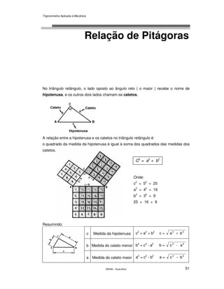 Trigonometria Aplicada à Mecânica
SENAI - Guarulhos 51
Relação de Pitágoras
No triângulo retângulo, o lado oposto ao ângulo reto ( o maior ) recebe o nome de
hipotenusa, e os outros dois lados chamam-se catetos.
A relação entre a hipotenusa e os catetos no triângulo retângulo é:
o quadrado da medida da hipotenusa é igual à soma dos quadrados das medidas dos
catetos.
Resumindo:
c Medida da hipotenusa c2
= a2
+ b2
c = ba 22
+
b Medida do cateto menor b2
= c2
- a2
b = a-c 22
a Medida do cateto maior a2
= c2
- b2
a = bc 22
−
Onde:
c2
= 52
= 25
a2
= 42
= 16
b2
= 32
= 9
25 = 16 + 9
C2
= a2
+ b2
.
 