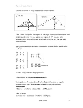 Trigonometria Aplicada à Mecânica
SENAI - Guarulhos 61
Observe novamente os triângulos e os lados correspondentes.
4 mm e 8 mm são opostos aos ângulos de 105º; logo, são lados correspondentes. Veja
também que: 2 mm e 4mm são opostos aos ângulos de 29º; logo, são lados
correspondentes. 3 mm e 6 mm são opostos aos ângulos de 46º; logo, são lados
correspondentes.
Agora vamos estabelecer as razões entre os lados correspondentes dos triângulos
MN
AB
=
4
2
=
2
1
NO
BC
=
8
4
=
2
1
OM
CA
=
6
3
=
2
1 MN
AB
=
NO
BC
=
OM
CA
= constante
Os lados correspondentes são proporcionais:
Essa constante se chama razão de semelhança.
Assim, podemos afirmar que dois triângulos são semelhantes se os ângulos
correspondentes forem congruentes e os lados correspondentes forem
proporcionais.
Indicamos a semelhança entre o ABC e o MNO, assim:
ABC ~ MNO
Usamos o sinal ~ para indicar semelhança entre figuras.
 