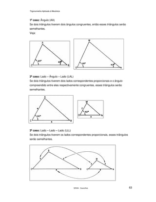 Trigonometria Aplicada à Mecânica
SENAI - Guarulhos 63
1o
caso: Ângulo (AA)
Se dois triângulos tiverem dois ângulos congruentes, então esses triângulos serão
semelhantes.
Veja:
2o
caso: Lado – Ângulo – Lado (LAL)
Se dois triângulos tiverem dois lados correspondentes proporcionais e o ângulo
compreendido entre eles respectivamente congruentes, esses triângulos serão
semelhantes.
3o
caso: Lado – Lado – Lado (LLL)
Se dois triângulos tiverem os lados correspondentes proporcionais, esses triângulos
serão semelhantes.
 