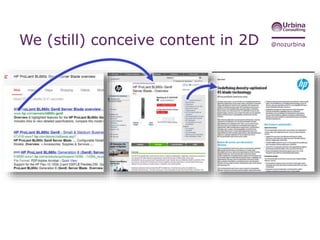 @nozurbinaCustomer experience is 4D
1. Length
2. Width
3. Depth
– “Drill down”
– Progressive disclosure
– Multi-asset relationships /
references
– Search/Social
4. Time
– Dynamic, real-time content
– Audience/context-specific content
12
3
6
9
 