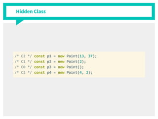 Hidden Class
/* C2 */ const p1 = new Point(13, 37);
/* C1 */ const p2 = new Point(2);
/* C0 */ const p3 = new Point();
/* C2 */ const p4 = new Point(4, 2);
 