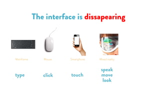 #20thoughts
The interface is dissapearing
type
Mainframe
speak
move
look
Mixed reality
touch
Smartphone
click
Mouse
 