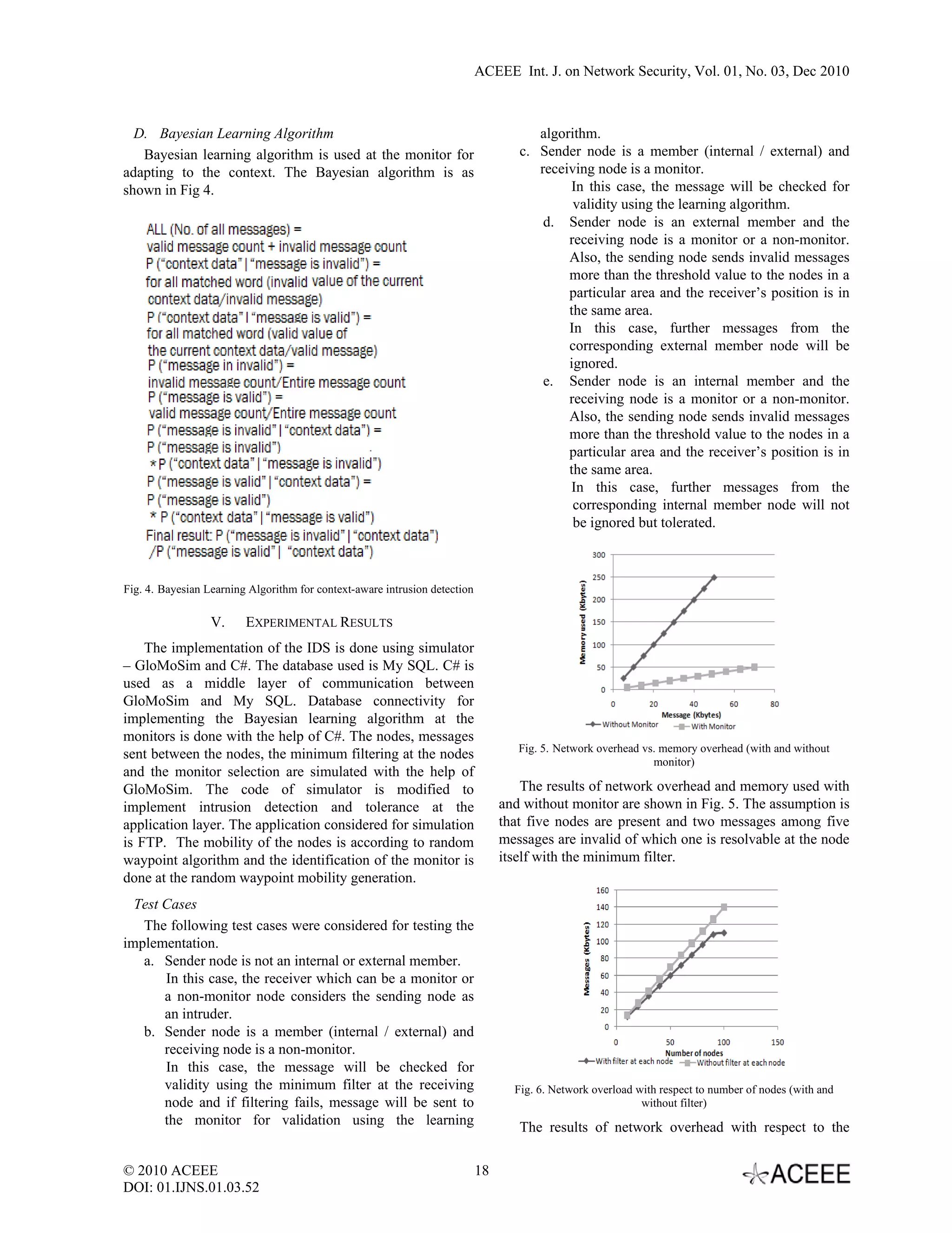 ACEEE Int. J. on Network Security, Vol. 01, No. 03, Dec 2010



  D. Bayesian Learning Algorithm                                                       algorithm.
   Bayesian learning algorithm is used at the monitor for                           c. Sender node is a member (internal / external) and
adapting to the context. The Bayesian algorithm is as                                  receiving node is a monitor.
shown in Fig 4.                                                                             In this case, the message will be checked for
                                                                                             validity using the learning algorithm.
                                                                                        d. Sender node is an external member and the
                                                                                            receiving node is a monitor or a non-monitor.
                                                                                            Also, the sending node sends invalid messages
                                                                                            more than the threshold value to the nodes in a
                                                                                            particular area and the receiver’s position is in
                                                                                            the same area.
                                                                                            In this case, further messages from the
                                                                                            corresponding external member node will be
                                                                                            ignored.
                                                                                        e. Sender node is an internal member and the
                                                                                            receiving node is a monitor or a non-monitor.
                                                                                            Also, the sending node sends invalid messages
                                                                                            more than the threshold value to the nodes in a
                                                                                            particular area and the receiver’s position is in
                                                                                            the same area.
                                                                                            In this case, further messages from the
                                                                                             corresponding internal member node will not
                                                                                             be ignored but tolerated.



Fig. 4. Bayesian Learning Algorithm for context-aware intrusion detection

                  V.     EXPERIMENTAL RESULTS
    The implementation of the IDS is done using simulator
– GloMoSim and C#. The database used is My SQL. C# is
used as a middle layer of communication between
GloMoSim and My SQL. Database connectivity for
implementing the Bayesian learning algorithm at the
monitors is done with the help of C#. The nodes, messages
                                                                                    Fig. 5. Network overhead vs. memory overhead (with and without
sent between the nodes, the minimum filtering at the nodes                                                     monitor)
and the monitor selection are simulated with the help of
GloMoSim. The code of simulator is modified to                                       The results of network overhead and memory used with
implement intrusion detection and tolerance at the                               and without monitor are shown in Fig. 5. The assumption is
application layer. The application considered for simulation                     that five nodes are present and two messages among five
is FTP. The mobility of the nodes is according to random                         messages are invalid of which one is resolvable at the node
waypoint algorithm and the identification of the monitor is                      itself with the minimum filter.
done at the random waypoint mobility generation.
  Test Cases
   The following test cases were considered for testing the
implementation.
   a. Sender node is not an internal or external member.
       In this case, the receiver which can be a monitor or
       a non-monitor node considers the sending node as
       an intruder.
   b. Sender node is a member (internal / external) and
       receiving node is a non-monitor.
       In this case, the message will be checked for
       validity using the minimum filter at the receiving                          Fig. 6. Network overload with respect to number of nodes (with and
       node and if filtering fails, message will be sent to                                                  without filter)
       the monitor for validation using the learning                                The results of network overhead with respect to the

© 2010 ACEEE                                                                18
DOI: 01.IJNS.01.03.52
 