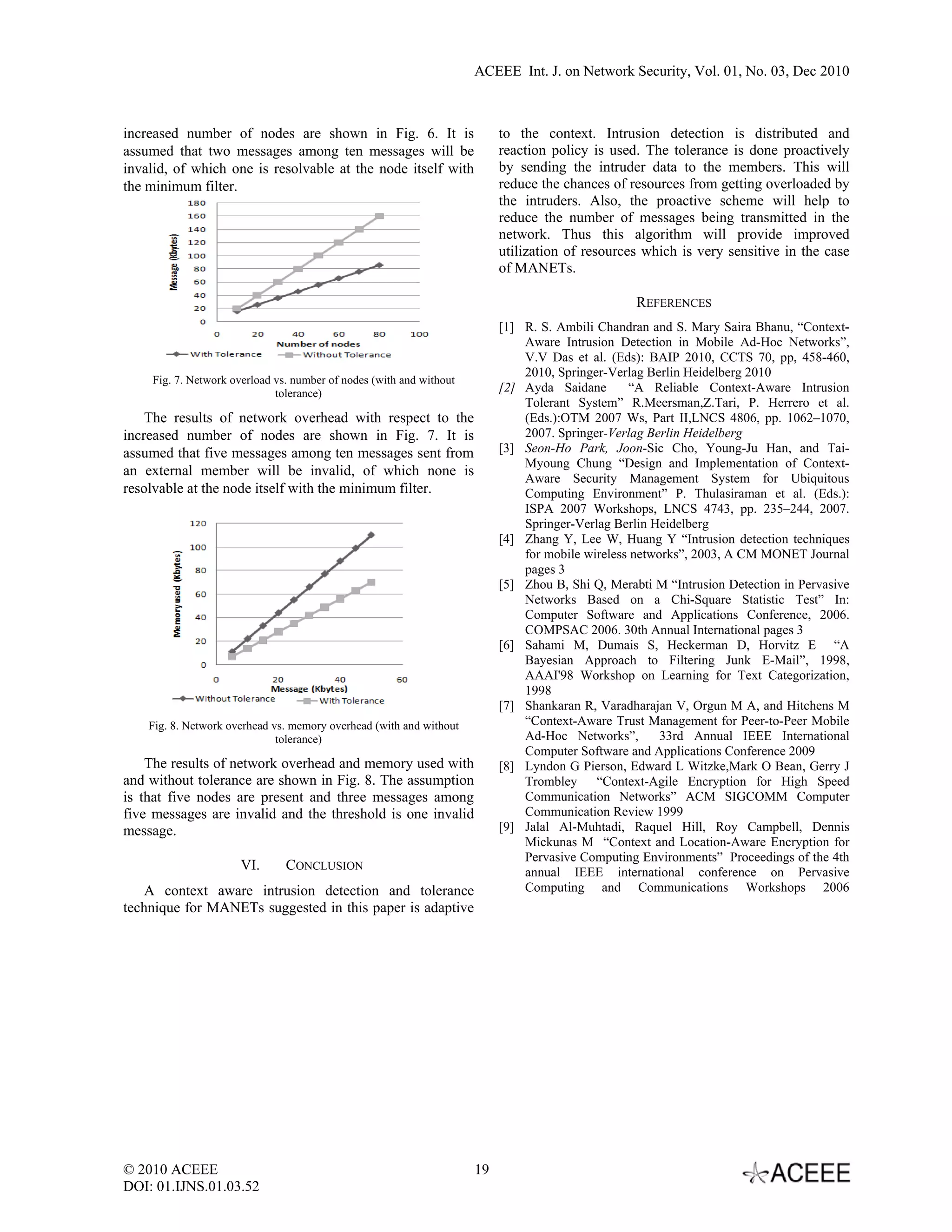 ACEEE Int. J. on Network Security, Vol. 01, No. 03, Dec 2010



increased number of nodes are shown in Fig. 6. It is                      to the context. Intrusion detection is distributed and
assumed that two messages among ten messages will be                      reaction policy is used. The tolerance is done proactively
invalid, of which one is resolvable at the node itself with               by sending the intruder data to the members. This will
the minimum filter.                                                       reduce the chances of resources from getting overloaded by
                                                                          the intruders. Also, the proactive scheme will help to
                                                                          reduce the number of messages being transmitted in the
                                                                          network. Thus this algorithm will provide improved
                                                                          utilization of resources which is very sensitive in the case
                                                                          of MANETs.

                                                                                                  REFERENCES
                                                                          [1] R. S. Ambili Chandran and S. Mary Saira Bhanu, “Context-
                                                                              Aware Intrusion Detection in Mobile Ad-Hoc Networks”,
                                                                              V.V Das et al. (Eds): BAIP 2010, CCTS 70, pp, 458-460,
                                                                              2010, Springer-Verlag Berlin Heidelberg 2010
    Fig. 7. Network overload vs. number of nodes (with and without
                             tolerance)                                   [2] Ayda Saidane       “A Reliable Context-Aware Intrusion
                                                                              Tolerant System” R.Meersman,Z.Tari, P. Herrero et al.
    The results of network overhead with respect to the                       (Eds.):OTM 2007 Ws, Part II,LNCS 4806, pp. 1062–1070,
increased number of nodes are shown in Fig. 7. It is                          2007. Springer-Verlag Berlin Heidelberg
assumed that five messages among ten messages sent from                   [3] Seon-Ho Park, Joon-Sic Cho, Young-Ju Han, and Tai-
                                                                              Myoung Chung “Design and Implementation of Context-
an external member will be invalid, of which none is
                                                                              Aware Security Management System for Ubiquitous
resolvable at the node itself with the minimum filter.                        Computing Environment” P. Thulasiraman et al. (Eds.):
                                                                              ISPA 2007 Workshops, LNCS 4743, pp. 235–244, 2007.
                                                                              Springer-Verlag Berlin Heidelberg
                                                                          [4] Zhang Y, Lee W, Huang Y “Intrusion detection techniques
                                                                              for mobile wireless networks”, 2003, A CM MONET Journal
                                                                              pages 3
                                                                          [5] Zhou B, Shi Q, Merabti M “Intrusion Detection in Pervasive
                                                                              Networks Based on a Chi-Square Statistic Test” In:
                                                                              Computer Software and Applications Conference, 2006.
                                                                              COMPSAC 2006. 30th Annual International pages 3
                                                                          [6] Sahami M, Dumais S, Heckerman D, Horvitz E “A
                                                                              Bayesian Approach to Filtering Junk E-Mail”, 1998,
                                                                              AAAI'98 Workshop on Learning for Text Categorization,
                                                                              1998
                                                                          [7] Shankaran R, Varadharajan V, Orgun M A, and Hitchens M
    Fig. 8. Network overhead vs. memory overhead (with and without            “Context-Aware Trust Management for Peer-to-Peer Mobile
                              tolerance)                                      Ad-Hoc Networks”,        33rd Annual IEEE International
                                                                              Computer Software and Applications Conference 2009
    The results of network overhead and memory used with                  [8] Lyndon G Pierson, Edward L Witzke,Mark O Bean, Gerry J
and without tolerance are shown in Fig. 8. The assumption                     Trombley “Context-Agile Encryption for High Speed
is that five nodes are present and three messages among                       Communication Networks” ACM SIGCOMM Computer
five messages are invalid and the threshold is one invalid                    Communication Review 1999
message.                                                                  [9] Jalal Al-Muhtadi, Raquel Hill, Roy Campbell, Dennis
                                                                              Mickunas M “Context and Location-Aware Encryption for
                                                                              Pervasive Computing Environments” Proceedings of the 4th
                      VI.      CONCLUSION                                     annual IEEE international conference on Pervasive
    A context aware intrusion detection and tolerance                         Computing and Communications Workshops 2006
technique for MANETs suggested in this paper is adaptive




© 2010 ACEEE                                                         19
DOI: 01.IJNS.01.03.52
 