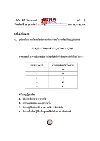 รหัสวิชา 05 วิทยาศาสตร หนา
วันอาทิตยที่ 21 กุมภาพันธ 2553 เวลา 11.30 - 13.30 น.
ฉบับ 1 สําหรับการสอบปกติ
31
ชุดที่ 2 (ขอ 72-74)
72. ยูเรียเตรียมจากแกสแอมโมเนียและแกสคารบอนไดออกไซดดวยปฏิกิริยาดังนี้
2NH3(g) + CO2(g) → (NH2)2CO(s) + H2O(g)
การทดลองในภาชนะปดและชั่งน้ําหนักยูเรียที่เกิดขึ้นที่เวลาตางกันไดผลดังตาราง
เวลาที่ใช (นาที) น้ําหนักยูเรียที่เกิดขึ้น (กรัม)
1 1.6
2 2.6
3 4
4 4.2
5 4.2
ขอใดสรุปไมถูกตอง
1. ปฏิกิริยาสิ้นสุดหลังจากนาทีที่ 4
2. อัตราปฏิกิริยาลดลงเมื่อเวลาเพิ่มขึ้น
3. อัตราปฏิกิริยาที่นาทีที่ 4 และนาทีที่ 5 มีคาเทากัน
4. อัตราเฉลี่ยเมื่อปฏิกิริยาสิ้นสุดพอดีมีคาเปน 1.05 กรัมตอนาที
 