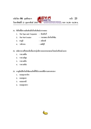 รหัสวิชา 06 สุขศึกษาฯ
วันอาทิตยที่ 21 กุมภาพันธ 2553

หนา 23
เวลา 14.30 - 16.30 น.

31. ขอใดที่มีความสัมพันธกันในเชิงศิลปะการแสดง
1. The Tgar and Carpenter - จันทกินรี
2. The Nut Cracker
- รามายณะ (อินโดนีเซีย)
3. คาบูกิ
- กถักกฬิ
4. วายังวอง
- มณีปุรี
32. สมัยราชวงศใดของจีนที่ละครหุนมีความหลากหลายและโดดเดนเปนอยางมาก
1. ราชวงศฮน
ั่
2. ราชวงศสย
ุ
3. ราชวงศถง
ั
4. ราชวงศซง
33. นาฏศิลปอินโดนีเซียแบบใดที่ใชประกอบพิธีกรรมทางศาสนา
1. แบบสุราการตา
2. แบบซุนดา
3. แบบบาหลี
4. แบบสุมาตรา

 