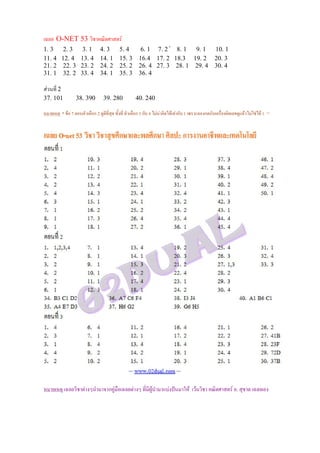 เฉลย O-NET 53 วิชาคณิตศาสตร
1. 3
2. 3
3. 1
11. 4 12. 4 13. 4
21. 2 22. 3 23. 2
31. 1 32. 2 33. 4

4. 3
14. 1
24. 2
34. 1

5. 4
15. 3
25. 2
35. 3

6. 1 7. 2 * 8. 1
9. 1
16.4 17. 2 18.3 19. 2
26. 4 27. 3 28. 1 29. 4
36. 4

10. 1
20. 3
30. 4

สวนที่ 2
37. 101

38. 390

39. 280

40. 240

หมายเหตุ * ขอ 7 ตอบตัวเลือก 2 ดูดที่สุด ทั้งที่ ตัวเลือก 3 กับ 4 ไมนาคิดไดเทากับ 1 เพราะลองกดกับเครื่องคิดเลขดูแลวไมใชได 1 ^^
ี

-- www.02dual.com --

เฉลย O-net 53 วิชา วิชาสขศึกษาและพลศึกษา ศิลปะ การงานอาชีพและเทคโนโลยี
ุ
1.
2.
3.
4.

5.
6.
7.
8.

13.
9.
14.
10.
15.
11.
16.
12.
-- www.02dual.com --

17.
18.
19.
20. 37B

หมายเหตุ เฉลยวิชาตางๆนํามาจากคูมือเฉลยตางๆ ที่มีผูนํามาแบงปนมาให เวนวิชา คณิตศาสตร อ. สุชาต เฉลยเอง

 