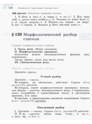 128 Морфология. Орфография. Культура речи
686. Диктант. Обозначьте спряжение глаголов.
1. Р..бота и муч..т, и корм..т, и уч..т.4
2. Кто труд
люб ..т, долго спать (не)буд..т. 3. Человек от лени3
боле..т,
а от труда здорове..т. 4. Напиш..шь пером - не выру­
б..шь2 т..пором. 5. Всякая р..бота мастера хвал..т.
§ 120 Морфологический разбор
глагола
Порядок морфологического разбора
1. Часть речи. Общее значение.
11. Морфологические признаки:
начальная форма (неопределённая форма); вид;
спряжение;
число; время; лицо; род (если есть).
111. Синтаксическая роль.
Образец морфоло1 t~'·H'C.iCiГ1 ) разбора
Цветёт сирень.
УСТВЪIЙ разбор
Цветёт- глагол.
Во-первых, он обозначает действие: Сирень (что
д е л а е т?) цветёт.
Во-вторых, имеет морфологические признаки: началь­
ная форма - цвести, весовершенного вида, I спряжения;
здесь уnотреблён в единственном числе, в настоящем
времени, 3-м лице.
В-третьих, в предложении является сказуемым: Сирень
(что делает?) иветёт.
Письменвый разбор
I. Цветёт - глагол. Сирень (что делает?) цветёт.
11. Н. ф. -цвести, несов. вида, 1спр., в ед. ч.,
в наст. вр., в 3-м л .
 