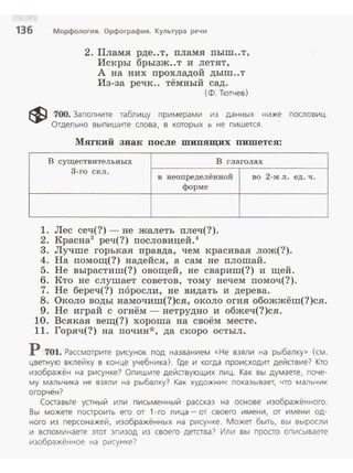 136 Морфология. Орфография. Культура речи
2. Пламя рде..т, пламя пыш ..т,
Искры брызж..т и летят,
А на них прохладой дыш..т
Из-за речк.. тёмный сад.
(Ф. Тютчев)
~ 700. Заполните таблицу примерами из данных ниже пословиц.
Отдельно выпишите слова , в которых ь не пишется .
Мягкий знак после шипящих пишется:
В существительных В глаголах
3-го скл .
в неопределённой во 2-м л . ед . ч.
форме
1. Лес сеч(?)- не жалеть плеч(?).
2. Красна3
реч(?) пословицей.4
3. Лучше горькая правда, чем красивая лож(?).
4. На помощ(?) надейся, а сам не плошай.
5. Не вырастиш(?) овощей, не свариш(?) и щей.
6. Кто не слушает советов, тому нечем помоч(?).
7. Не береч(?) поросли, не видать и дерева.
8. Около воды намочиш(?)ся, около огня обожжёш(?)ся.
9. Не играй с огнём - петрудно и обжеч(?)ся .
10. Всякая вещ(?) хороша на своём месте.
11. Горяч(?) на почин * , да скоро остыл.
Р 701. Рассмотрите рисунок под названием «Не взяли на рыбалку» (см.
цветную вклейку в конце учебника). Где и когда происходит действие? Кто
изобрахён на рисунке? Опишите действующих лиц. Как вы думаете, поче­
му мальчика не взяли на рыбалку? Как художник показывает, что мальчик
огорчён?
Составьте устный или письменный рассказ на основе изображённого.
Вы можете построить его от 1-го лица- от своего имени, от имени од­
ного из персонажей, изображённых на рисунке. Может быть, вы выросли
и вспоминаете этот эпизод из своего детства? Или вы просто описываете
изображённое на рисунке/
 