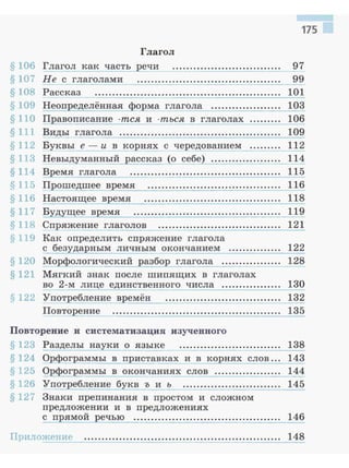 § 106
§ 107
§ 108
§ 109
§ 110
§ 111
§ 112
§ 113
§ 114
§ 115
§ 116
§ 117
§ 118
§ 119
§ 120
§ 121
§ 122
175 .
Глагол
Глагол как часть ечи ............................... 97
Не с глаголами ......................................... 99
Рассказ ..................................................... 1О1----
НеОПЕеделённая форм~глагола .................... 103
Пра~~писание -тся и -тъся в глаголах ·....:....:....:··· 106
Виды глагола .............................................. 109
Букв~I е - и в ко _!!ЯХ с че едованием ........._ 112
Невы~уманный ассказ _(_о себе) .................... 114
Время глагола ........................................... 115
Про~едшее в емя ...................................... 116
!lаст~щее_...!!f2емя ....................................... 118
Будущее время ........................:..:.:.:.:..::.:..~·......... 119
С:f!ряжение глаголов ................................... 121
Как определить спряжение глагола
~ безударным личным окончанием ............... 122
Мор_фологический разбор глагола ................. 128
Мягкий знак после шипящих в глаголах
во 2-м лице единств~нногQ_ числа ................. 130
Употреб3ение времён ................................. 132
Повто~ение ................................................ 135
Повторение и систематизация изученного
§ 123 Разделы науки о языке ............................. 138
§ 124 ОJ>фог~ммы в приставках и в корнях слов ... 143
§ 125 Орф_9_!'~ммы в ОКО!f~~ниях слов ................... 144
§ 126 Употр_еб~ение букв -о и ъ ............................ 145
§ 127 Знаки препинания в простом и сложном
предложении и в предложениях
С ПQЯМОЙ реч~Ю ...........:.·.:.:.:..................:..= .·..:. •••: . 146
Приложевне ........................................................ 148
 