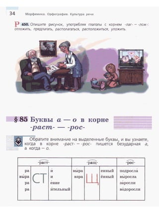 34 Морфемика. Орфография. Культура речи
Р 450. Опишите рисунок, употребляя глаголы с корнем -лаг- - -лож-:
отложить, предлагать, располагаться, расположиться, уложить.
§ 85 Буквы а - о в корне
-pacm- - -рос-
Обратите внимание на выделенные буквы, и вы узнаете,
когда в корне -раа- - -рос- пишется безударная а,
а когда- о.
,......----..._ .....---...... ,....---.,._
-раст- -ращ- -рос-
1 1
енный
1
ра и выра подросла
1
ст щ
ённый
1
выра и взра выросла
1 1
ра ение заросли
1 1
ра ительный водоросли
 