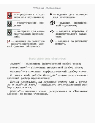 Условные обозначения:
~ределения и пра­
В вила для заучивания;
- теоретические све­
дения;
- материал для само­
стоятельных наблюде­
ний;
р - задания по развитию
коммуникативных уме­
ний (умения общаться);
8 - задания для повторе­
ния изученного;
$ - ~адания повышен­
нон трудности;
~ - задания игрового и
занимательного харак­
тера;
ф - задания по речевому
этикету.
Знаки около слоо обозначают:
лежат1
- выполнить фонетический разбор слова;
сероватая2
- выполнить морфемный разбор слова;
поляпа3
- выполнить морфологический разбор слова;
В сипем пебе звёзды блещут.4
- выполнить синтак-
сический разбор предложения;
Белка взобраласъ па верхпюю ветку ели и исчез­
ла в зелёпой хвое. 5
- выполнить пунктуационный раз­
бор предложения;
реять* - значение слова раскрывается в (<Толковом
словаре>> (в конце учебника).
 