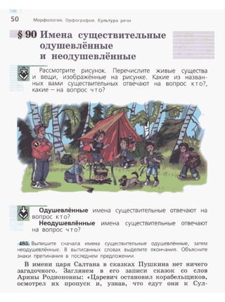 50 Морфология. Орфография. Культура речи
§ 90 Имена существительные
:...._:.:.о.о.с-..
••
одушевленные
••
и неодушевлеиные
Рассмотрите рисунок. Перечислите живые существа
и вещи, изображённые на рисунке. Какие из назван-
ных вами существительных отвечают на вопрос кто?,
какие- на вопрос что?
Одушевлённые имена существительные отвечают на
----..~_. вопрос к т о?
Неодушевлённые имена существительные отвечают
на вопрос что?
485. Выпишите сначала имена сущеавительные одушевлённые, затем
неодушевлённые. В выписанных словах выделите окончания. Объясните
знаки препинания в последнем предложении.
В имени царя Салтана в сказках Пушкина нет ничего
загадочного. Заглянем в его записи сказок со слов
Арины Родионовны: <<Царевич остановил корабельщиков,
осмотрел их пропуск и, узнав, что едут они к Сул-
 