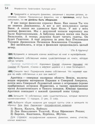 54 Морфология. Орфография. Культура речи
8 Придумайте и запишите фамилии, связанные с вашими делами, за­
нятиями, играми. Придуманные фамилии, как и прозвища , могут быть
смешными , но не должны быть обидными .
У нас какая фамилия спросил Ваня. Как какая Ты что
не знаешь Державины. А вот и нет воскликнул хитро
Ваня. А какая же удивился брат Коля. У нас у всех
разные фамилии. Мы с дедушкой копали картошку мы
были Картошкиными. А бабушка вязала носки она была
Вязалкина. А теперь дедушка будет читать газеты. Он
будет Газеткин. А ещё дедушка за день был Пчеловодов
Топоров Дровосеков Печников Землекопов Столяров.
Все засмеялись, и игра в фамилии продолжалась целый
вечер .
(По В. Крупину)
493. Вспомните и запишите кл ички животных из книг и мультфильмов.
494. Вып и шите собственные имена существительные из книги, которую
сейчас читаете.
Прv1мер выполнеН~АЯ. Королевич Елисей, служанка Чернавка, пёс
Соколко (А. Пушкин. «Сказка о мёртвой царевне и о семи богатырях») .
495. Спишите текст. Подчеркните имена собственные. Что называет каж­
дое из имён собственных и все они вместе?
Арктика - северная полярная область Земли, включа­
ющая окраины материков Евразии и Северной Америки,
почти весь Северный Ледовитый океан с островами (кроме
прибрежных островов Норвегии), а также прилегающие
части Атлантического и Тихого океанов. Южная граница
Арктики совпадает с южной границей зоны тундр .
496. Запишите 1О собственных имён существительных, которые являются
наименован иями: 1) городов; 2) рек; 3) озёр.
497. Выберите общее название для каЖдой группы слов и запишите по
образцу: Тvла, Урал, Ладожское- географические названия.
1) Волга, Калуга, Байкал;
2) Лев Николаевич Толстой , Илья Ефимович Репин;
3) Барсик, Каштанка, Бурёнка, Жучка.
Для справок: географические названия; фамилии, имена, отчеава;
КЛИЧКИ ЖИВОТНЬ/Х.
 