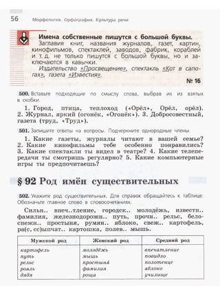 56 Морфология. Орфография. Культура речи
Имена собственные пишутся с большой буквы.
Заглавия книг, названия журналов, газет, картин,
кинофильмов, спектаклей, заводов, фабрик, кораблей
и т. д. не только пишутся с большой буквы, но и за­
ключаются в кавычки.
Издательава «Просвещение}!,, спектакль «Кот в сапо­
гах}!,, газета «Извеаия}!,.
N~ 1б
500. Ваавьте подходящие по смыслу слова . выбрав их из взятых
в скобки.
1. Город, птица, теплоход (<<Орёл>>, Орёл, орёл).
2. Журнал, яркий (огонёк, <<Огонёк>> ). 3. Добросовестный,
газета (труд, <<Труд>>).
501. Запишите ответы на вопросы. Подчеркните однородные члены.
1. Какие газеты, журналы читают в вашей семье?
2. Какие кинофильмы тебе особенно поиравились?
3. Какие спектакли ты видел в театре? 4. Какие телепе­
редачи ты смотришь регулярно? 5. Какие компьютерные
игры ты предпочитаешь?
§ 92 Род имён существительных
502. Укажите род сущеавительных. Для справок обращайтесь к таблице.
Обозначьте главное слово в словосочетаниях.
Сильн.. впеч..тление, городск.. молодёжь, извести..
фамилия, железнодорожн.. путь, прочн.. рельс, бело­
снежи.. простыня, румян.. яблоко, свеж.. картофель,
ра(с, сс)ыпчат.. картошка, полев.. мышь .
Мужской род Женский род Средний род
картофель .молодёжь впечатление
путь .мышь повидло
рельс простынА полотенце
рояль фамилия яблоко
дядя роща училище
 