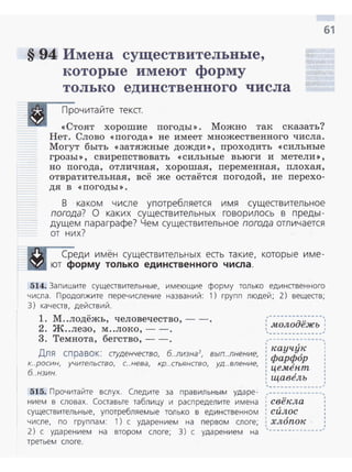 61
§ 94 Имена существительные,
:которые имеют форму
только единственного числа
Прочитайте текст.
<<Стоят хорошие погоды>> . Можно так сказать?
Нет. Слово <<погода>> не имеет множественного числа.
Могут быть <<затяжные дожди >>, проходить <<сильные
грозы>>, свирепствоват ь <<Сильные вьюги и метели>>,
но погода, отличная, хорошая , переменная, плохая,
отвратительная, всё же остаётся погодой, не nерехо­
дя В << ПОГОДЫ» .
В ка ко м ч исл е уп отребл яется и мя существител ьное
погода? О каких существител ьн ых говорилось в п реды ­
дущем пара графе? Чем существительное погода отл ичается
от них?
Среди имён существител ьных есть та кие, которые име ­
ют форму только единственного числа .
514. Запишите сущеавительные, имеющие форму только единственного
числа . Продолжите перечисление названи й : 1) групп людей ; 2) вещеав;
3) качеств, действий.
1. М ..лодёжь, человечество, - - .
2. Ж..лезо, м..ло:ко, - - .
3. Темнота, бегство, --.
Для справок: студенчество, б..пизна3
, вып..лнение,
к..росин, учительство, с..нева, кр..стьянство, уд ..вление,
б..нзин.
515. Прочитайте вслух . Следите за правильным ударе­
н ием в словах . Соаавые табл ицу и распредел ите имена
сущеавительные, употребляемые только в единственном
числе, по груп пам: 1) с уда рен ием на первом слоге;
2) с ударением на втором слоге; 3) с уда рением на
третьем слоге.
,--------------~
: молодёжъ :
'·-·--·--·--·-~'
: каучук
: фарфор
: це.мен.т
: щавель1 1,______________,
--------------'1 •• 1
: свекла
: сuлос
1
1 '
: хлопок 1
'------~------·'
 