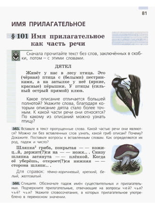 ИМЯ ПРИЛАГАТЕЛЬНОЕ
§ 101 Имя прилагательное
как часть речи
81
Сначала прочитайте тека без слов, заключённых в скоб­
ки, потом -с этими словами.
ДЯТЕЛ
Живёт у нас в лесу птица. Это
(чёрная) птица с (белыми) пестрян­
ками, а на затылке у неё (яркие,
красные) пёрышки. У птицы (силь­
ный острый прямой) клюв.
Какое описание отличается большей
полнотой? Укажите слова, благодаря ко­
торым описание дятла аало более точ­
ным. К какой чааи речи они относятся?
По какому из описаний можно узнать
птицу?
565. Ветавые в текст пропущенные слова. Какой частью речи они являют­
ся? Можно ли без вставленных слов узнать, какой гриб описан? Почему?
Докажите . Поставые вопросы к вставленным словам. Как определяются их
род, падеж и число?
Шл.япка2
гриба, пекрытая - - кожи­
ц..й, держит(?)ся на - - ножк... Снизу
шляпка затянута - - плёнкой. Когда
её уберёшь, откроет(?)ся нижняя - -
сторона шляпк ...
Для справок: тёмно -коричневый, крепкий, бе­
лый, желтоватый.
566. Спишите. Обозначьте падеж имён существительных и прилагатель­
ных. Подчеркните прилагательные, отвечающие на вопросы чей? чья?
ч ь ё? чьи? Укажите словосочетания, в которых прилагательное употре­
блено в переноснам значении.
 