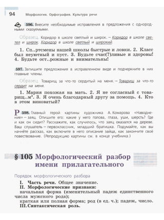 94 Морфология. Орфография. Культура речи
~ 596. Внесите необходимые исnравления в предложения с однород­
н ы ми сказуемыми .
•...,fJaзe .....,. Коридор в школе светлый и широк. - Коридор в шкuJJe све­
тел и широк. Коридор в школе светлый и широкий.
1. Сп..ртсмены нашей школы быстрые и ловки. 2. Класс
был неуютный и пуст. 3. Будьте счас(?)ливые и здоровы!
4. Будьте ост..рожные и внимательны!
597. Запишите предложения в исправленном виде и подчеркните в них
главные члены.
' •i <=1' ~ } Товарищ за что -то сердитый на меня. - Товарищ за что- то
сердит на меня.
1. Мария похожая на мать. 2. Я не согласный с това­
рищ..м3. 3. Я очень благодарный другу за помощь. 4. Кто
в этом виноватый?
р 598. Главный герой картины художника А. Комарова «Наводне­
ние»- заяц. Опишите его: какие у него голова, глаза , уши, шерсть? Где
и как он сидит? Расскажите, ка к случилось, что заяц оказался на дереве.
Ваш слушател ь - первоклассник, младший братишка. Подумайте, как вы
начнёте рассказ, как включите в него описание зайца, как закончите своё
повествование. (Репродукцию картины см. в конце учебника.)
§ 105 Морфологический разбор
имени прилагательного
Порядок морфологического разбора
1. Часть речи. Общее значение.
11. Морфологические признаки:
начальная форма (именительный падеж единственного
числа мужского рода);
краткая или полная форма; род (вед. ч.); падеж, число.
111.Синтаксическая роль.
 