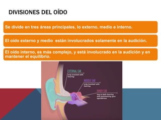 DIVISIONES DEL OÍDO
Se divide en tres áreas principales, lo externo, medio e interno.
El oído externo y medio están involucrados solamente en la audición.
El oído interno, es más complejo, y está involucrado en la audición y en
mantener el equilibrio.
 