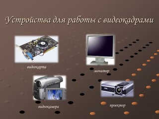 Устройства для работы с видеокадрами
видеокамера
видеокарта
монитор
проектор
 