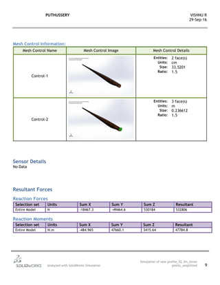 PUTHUSSERY VISHNU R
29-Sep-16
Analyzed with SolidWorks Simulation
Simulation of new profile_52.3m_three
points_unsplitted 9
Mesh Control Information:
Mesh Control Name Mesh Control Image Mesh Control Details
Control-1
Entities: 2 face(s)
Units: cm
Size: 33.5201
Ratio: 1.5
Control-2
Entities: 3 face(s)
Units: m
Size: 0.236612
Ratio: 1.5
Sensor Details
No Data
Resultant Forces
Reaction Forces
Selection set Units Sum X Sum Y Sum Z Resultant
Entire Model N -18467.3 -49464.6 530184 532806
Reaction Moments
Selection set Units Sum X Sum Y Sum Z Resultant
Entire Model N.m -484.965 47660.1 3415.64 47784.8
 