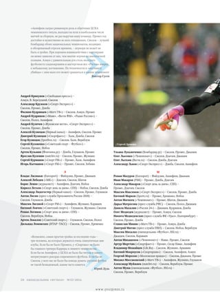 Андрей Крикунов («Свободная пресса») –
Азмун, В. Березуцкий, Смолов
Александр Кружков («Спорт-Экспресс») –
Смолов, Промес, Дзюба
Филипп Кудрявцев («Матч ТВ») – Смолов, Азмун, Промес
Андрей Кудряшов («Маяк», «Вести ФМ», «Радио России») –
Смолов, Полоз, Акинфеев
Андрей Кузичев («Жуковские вести», «Спорт-Экспресс») –
Смолов, Промес, Дзюба
Алексей Кузнецов (Первый канал) – Акинфеев, Смолов, Промес
Дмитрий Кузнецов («Спортфакт») – Халк, Дзюба, Смолов
Егор Кузнецов (Sportbox.ru) – Смолов, Халк, Вернблум
Сергей Кузовенко («Советский спорт – Футбол») –
Смолов, Промес, Нобоа
Артем Кузьмин (Фонтанка.ру) – Дзюба, Глушаков, Промес
Ярослав Кулемин (matchtv.ru) – Смолов, Промес, Жулиано
Сергей Курманов («Спорт FM») – Промес, Халк, Акинфеев
Игорь Кытманов («Спорт FM») – Промес, Смолов, Зобнин
Л
Владас Ласицкас (Eurosport) – Файзулин, Промес, Джанаев
Алексей Лебедев («МК») – Дзагоев, Смолов, Шатов
Борис Левин (журналист) – Акинфеев, Дзагоев, Нобоа
Кирилл Легков («Спорт день за днем», СПб) – Нобоа, Смолов, Дзюба
Александр Лидогостер (Первый канал) – Смолов, Промес, Глушаков
Антон Лисин (пресс-служба Оргкомитета Россия-2018) –
Смолов, Глушаков, Дзюба
Максим Лисовой («Спорт FM») – Акинфеев, Жулиано, Караваев
Евгений Ловчев («Советский спорт») – Глушаков, Жулиано, Смолов
Роман Логинов («Спорт день за днем», СПб) –
Смолов, Вернблум, Нобоа
Артем Локалов («Советский спорт») – Глушаков, Смолов, Полоз
Дильшад Ломовских (ИТАР–ТАСС) – Смолов, Промес, Еременко
Ульяна Лукьянченко (Бомбардир.ру) – Смолов, Промес, Джанаев
Олег Лысенко («Чемпионат») – Смолов, Дзагоев, Джанаев
Олег Лыткин (Вести.ru) – Смолов, Дзюба, Дзагоев
Александр Львов («Спорт-Экспресс») – Дзюба, Смолов, Акинфеев
М
Роман Мазуров (Eurosport) – Файзулин, Акинфеев, Джанаев
Иван Макаров (РБК) – Промес, Дзюба, Дзагоев
Александр Макаров («Спорт день за днем», СПб) –
Промес, Дзагоев, Смолов
Максим Максимов («Спорт-Экспресс») – Смолов, Промес, Дзюба
Евгений Марков (Sports.ru) – Промес, Еременко, Нобоа
Антон Матвеев («Чемпионат») – Промес, Шатов, Джанаев
Дарья Матросова (пресс-служба РФС) – Смолов, Полоз, Джанаев
Данила Махалин («Россия 24») – Джанаев, Кудряшов, Дзюба
Олег Медведев (журналист) – Промес, Азмун, Смолов
Никита Медведевских (пресс-служба ФК «Урал», Екатеринбург) –
Смолов, Промес, Дзюба
Станислав Минин («Матч ТВ») – Промес, Азмун, Дзюба
Дмитрий Митин (пресс-служба ПФЛ) – Смолов, Нобоа, Вернблум
Максим Михалко (еженедельник «Футбол», ftbl.ru) –
Джанаев, Смолов, Караваев
Антон Михашенок («Чемпионат») – Навас, Промес, Смолов
Артур Мкртчян («Спортфакт») – Промес, Сесар Навас, Акинфеев
Владимир Можайцев (Life.Ru) – Смолов, Жулиано, Аршавин
Евгений Мокроусов («Спортархив») – Смолов, Акинфеев, Азмун
Георгий Морозов («Московская правда») – Смолов, Джанаев, Промес
Михаил Моссаковский («Матч ТВ») – Акинфеев, Жулиано, Глушаков
Александр Муйжнек (matchtv.ru) – Смолов, Вернблум, Промес
Антон Муша (еженедельник «Футбол», ftbl.ru) –
Смолов, Промес, Вернблум
»
«Акинфеев сыграл решающую роль в обретении ЦСКА
чемпионского титула, выходил на поле в наибольшем числе
матчей за сборную, не раз выручая нашу команду. Провел год
достойно и мужественно во всех отношениях. Смолов – лучший
бомбардир обоих национальных чемпионатов, входящих
в обозреваемый отрезок времени, – априори не может не
быть в тройке. При хорошем взаимодействии с партнерами
он менее зависим от них, чем многие игроки на аналогичной
позиции. Азмун с удивительным для столь молодого
футболиста хладнокровием и мастерством вел «Ростов» вперед
к небывалому достижению. По техничности и «инстинкту
убийцы» с ним мало кто может сравниться в нашем чемпионате
Виктор Гусев
»
«Возможно, самая простая тройка за последние годы –
три человека, на которых держатся очень симпатичные мне
клубы. Если бы не было Промеса, у «Спартака» не было
бы главного тренера Карреры и зимнего чемпионства.
Если бы не Акинфеев, у ЦСКА не было бы титула и самого
интригующего рекорда современного футбола. Если бы не
Смолов, у всех нас не было бы повода думать: русский футбол
не такой безнадежный, каким часто кажется
Юрий Дудь
//Сергей Дроняев
еженедельник «футбол» №52'201620
www.yourpress.ru
 