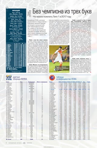 09минут
Конкуренция «ПСЖ», упитанная
результативность, бодрые новички –
этой осенью чемпионат Франции
уже попадал в нужные для себя
цели. Главная задача на новый
год – развить то, чего больше
всего не хватает для конкуренции
с другими топ-лигами. «90 минут»
пишет письмо и французскому Деду
Морозу со словами: «...сделай так,
чтобы…»
Чтобы в мае был новый чемпион.
Пер-Ноэль получил письмо, джинн выско-
чил из лампы, клочки бумаги растворились
в шампанском – Лига 1 все-таки получила
борьбу за чемпионство. Вообще, она была
и  раньше (например, в позапрошлом сезо-
не), но впервые за четыре года: а) в ней на
полном серьезе участвуют трое; б) «ПСЖ» –
не фаворит. Да, Унаи Эмери, переехав в са-
мый богатый клуб Франции, опять стал тре-
неришкой. Парижане отыграли рваные пол-
года и четырежды проигрывали: в два раза
больше, чем во всем чемпионате до этого.
Уступали и конкуренту «Монако», и выскоч-
ке «Генгаму», и асфальтовой серости «Мон-
пелье». На опыте и ресурсах «ПСЖ», может
быть, и  вытянет пятое подряд «золото», но
для всей Франции будет лучше, если в этот
раз чемпион пролежит в нокдауне до лета.
Чтобы «Монако» не останавливался.
За 19 туров княжество забило 56 мячей. За
38 туров сезон назад – 57. Что Жардим на-
химичил этим летом в Ля Тюрби – секрет, но
«Монако» из самого прагматичного клуба
Лиги 1 вдруг трансформировался в главного
панка чемпионата. 56 мячей – столько к Но-
Чтобы в августе из Лиги 2 подня-
лись качественные проекты. Весной
профессиональный футбол впервые увидит
плей-офф между восемнадцатой командой
Лиги 1 и третьей командой Лиги 2. До этого
сезона казалось, что продавленная рефор-
ма – защита от безликой нищеты второго ди-
визиона и хоть какое-то удержание прес-
тижа топ-20. Сейчас все не так однознач-
но.  «Нанси» быстро осереднился на лю-
бимом когда-то 12–13-м месте. «Дижон»
вытягивает соседство в элитном районе,
несмотря на копеечный бюджет и самый
маленький стадион. Даже «Метц» болтается
вокруг зоны риска, зато хотя бы веселит: то
разбудит Мевлюта Эрдинча, то затормо-
зит «Тулузу», то распадется на атомы перед
«Монако» (0:7), то назначит Милана Бише-
веца самым высокооплачиваемым  игро-
ком основы  На этом фоне многие давние
участники  Лиги  1 выглядят более тухло.
«Нант» скатился от  уважения до абсурда.
«Кан» выдал два крепких сезона, одумался
и вспомнил, что он команда-лифт. А «Ло-
рьян» элементарно попался. Столько лет
отсиживаться в углу без движения – престу-
пление, за которое «хеки» наказывают себя
сами. Если эти клубы отправят на лечение
этажом ниже, Лига 1 прибавит в здоровом
весе.
Чтобы клубы сохранили звезд. По-
ловина команд снова переправила в Англию
и Испанию своих лидеров. Даже «Тулуза» от-
дала прилипшего к Верхней Гаронне Висса-
ма Бен-Йеддера. Ладно эти – даже «ПСЖ»
выпустил из рук одного перспективного
34-летнего шведа. Пока клубы ежегодно те-
ряют всех, кого они развивали целый сезон,
Лига 1 обречена на донорский перевал меж-
ду бедными и очень богатыми. Избавиться
от этого мутного статуса – главное пожела-
ние чемпионату Франции на 2017 год.
вому году не накопила ни одна команда боль-
шой Европы. Если раньше игры монегасков
усыпляли, как полуночный телевизор, то
сейчас в них – все зерно турового уик-энда.
В этих девятнадцати турах «Монако» десять
раз наколотил три и более мячей. А  когда
проигрывал – во всех трех случаях, – отдавал
этот минимум сопернику. Дополнительный
интерес в том, что у «Монако» до сих пор нет
одного героя атаки. Фалькао собрал 11 го-
лов – так много за клуб не забивали со вре-
мен Лиги 2. При этом колумбиец дает только
20% всех голов. У Парижа, Лиона, Марселя,
Тулузы, Ниццы и много у кого еще зависи-
мость от своих фронтменов намного выше.
Ни Лига чемпионов, ни кризис, ни новые хуки
по богатству Дмитрия Рыболовлева, ни фи-
нансовый фейр-плей, ни трансферные окна,
ни травмы – ничто не должно сбить настрой-
ки «Монако». Лиге 1 срочно нужен экшен.
Роман
АБРАМОВ
Что можно пожелать Лиге 1 в 2017 году
Без чемпиона из трех буквфранция
Бомбардиры: 18 – Кавани (ПСЖ),
13 – Лаказетт (Лион),
11 – Фалькао (Монако).
И В Н П М О
1. Ницца 19 13 5 1 34 – 13 44
2. Монако 19 13 3 3 56 – 20 42
3. ПСЖ 19 12 3 4 38 – 15 39
4. Лион 18 11 1 6 34 – 19 34
5. Генгам 19 8 6 5 25 – 19 30
6. Марсель 19 8 6 5 22 – 19 30
7. Ренн 19 8 4 7 20 – 23 28
8. Сент-Этьен 19 6 8 5 18 – 16 26
9. Тулуза 19 7 5 7 22 – 21 26
10. Бордо 19 6 7 6 20 – 26 25
11. Монпелье 19 5 7 7 28 – 31 22
12. Лилль 19 6 3 10 18 – 25 21
13. Нанси 19 5 6 8 15 – 23 21
14. Бастия 19 5 5 9 17 – 23 20
15. Дижон 19 4 7 8 26 – 29 19
16. Анже 19 5 4 10 15 – 24 19
17. Нант 18 5 4 9 12 – 26 19
18. Метц 18 5 4 9 18 – 36 19
19. Кан 18 5 3 10 20 – 32 18
20. Лорьян 19 4 3 12 20 – 38 15
Лига 1. 19-й тур
Нант – Монпелье – 1:0 (1:0)
1:0 – Лукас Лима (12, с пенальти).
Монако – Кан – 2:1 (0:0)
1:0 – Фалькао (48, с пенальти),
2:0 – Бакайоко (76), 2:1 – Базиль (90).
Бордо – Ницца – 0:0.
Лион – Анже – 2:0 (1:0)
1:0 – Лаказетт (9), 2:0 – Фекир (84).
Лилль – Ренн – 1:1 (0:1)
0:1 – Нтеп (22), :1 – Эдер (89).
Дижон – Тулуза – 2:0 (0:0)
1:0 – Тавареш (49, с пенальти),
2:0 – Ле-Мелу (52).
Бастия – Марсель – 1:2 (0:1)
0:1 – Гомис (8), 1:1 – Джику (83),
1:2 – Н’Жи (90).
Сент-Этьен – Нанси – 0:0.
ПСЖ – Лорьян – 5:0 (2:0)
1:0 – Менье (25), 2:0 – Туре (44, в свои ворота),
3:0 – Тиаго Силва (50),
4:0 – Кавани (63, с пенальти),
5:0 – Лукас Моура (70).
Метц – Генгам – 2:2 (1:0)
1:0 – Нгетте (12), 1:1 – Бриан (49),
1:2 – Бриан (74),
2:2 – Эн (90).
Страна 2012/13 2013/14 2014/15 2015/16 2016/17 Очки Клубы
1. Испания 17.714 23.000 20.214 23.928 13.428 98.284 7/7
2. Германия 17.928 14.714 15.857 16.428 11.571 76.498 5/7
3. Англия 16.428 16.785 13.571 14.250 11.357 72.391 5/7
4. Италия 14.416 14.166 19.000 11.500 10.916 69.998 4/6
5. Франция 11.750 8.500 10.916 11.083 10.750 52.999 4/6
6. Португалия 11.750 9.916 9.083 10.500 7.750 48.999 2/6
7. Россия 9.750 10.416 9.666 11.500 7.400 48.732 3/5
8. Украина 9.500 7.833 10.000 9.800 5.100 42.233 1/5
9. Бельгия 6.500 6.400 9.600 7.400 8.500 38.400 3/5
10. Турция 10.200 6.700 6.000 6.600 7.300 36.800 3/5
11. Чехия 8.500 8.000 3.875 7.300 5.300 32.975 1/5
12. Швейцария 8.375 7.200 6.900 5.300 4.300 32.075 0/5
13. Голландия 4.214 5.916 6.083 5.750 6.700 28.663 2/5
14. Греция 4.400 6.100 6.200 5.400 4.800 26.900 2/5
15. Австрия 2.250 7.800 4.125 3.800 7.375 25.350 0/4
16. Хорватия 4.375 4.375 6.875 4.500 5.125 25.250 0/4
17. Румыния 6.800 6.875 5.125 2.250 3.100 24.150 1/5
18. Дания 3.300 3.800 2.900 5.500 7.250 22.750 1/4
19. Белоруссия 4.500 1.750 5.500 5.125 3.000 19.875 0/4
20. Швеция 5.125 3.200 3.900 4.750 2.750 19.725 0/4
21. Польша 2.500 3.125 4.750 5.500 3.625 19.500 1/4
22. Израиль 3.250 5.750 1.375 2.250 6.750 19.375 1/4
23. Шотландия 4.300 3.250 4.000 3.000 4.375 18.925 0/4
24. Норвегия 4.900 2.600 2.200 7.250 1.375 18.325 0/4
25. Кипр 4.000 2.750 3.300 3.000 5.000 18.050 1/4
26. Азербайджан 3.000 2.500 3.625 4.375 4.250 17.750 0/4
27. Болгария 0.750 5.625 4.250 1.000 4.000 15.625 1/4
28. Сербия 3.000 2.500 2.750 4.250 2.875 15.375 0/4
29. Казахстан 1.375 3.125 3.375 4.625 2.750 15.250 0/4
30. Словения 3.250 2.625 4.000 1.000 2.250 13.125 0/4
31. Словакия 1.500 1.625 2.750 3.750 2.125 11.750 0/4
32. Лихтенштейн 0.000 1.000 2.500 5.000 2.500 11.000 0/1
33. Молдавия 2.250 3.375 1.750 1.250 0.875 9.500 0/4
34. Венгрия 3.000 0.875 2.125 1.625 1.875 9.500 0/4
35. Исландия 1.250 2.500 2.500 1.125 1.000 8.375 0/4
36. Финляндия 2.000 0.500 2.400 1.000 1.750 7.650 0/4
37. Ирландия 1.000 0.250 2.000 0.700 2.625 6.575 0/4
38. Албания 0.750 2.000 0.875 2.125 0.750 6.500 0/4
39. Босния и Герцег. 1.250 1.500 1.750 1.500 0.500 6.500 0/4
40. Грузия 1.500 1.875 1.250 0.625 1.125 6.375 0/4
41. Латвия 1.250 1.625 0.250 1.625 1.375 6.125 0/4
42. Македония 1.250 0.500 1.125 1.500 1.250 5.625 0/4
43. Эстония 0.375 1.000 1.500 1.000 1.375 5.250 0/4
44. Черногория 1.375 1.250 0.750 1.000 0.875 5.250 0/4
45. Армения 0.875 1.125 0.375 1.625 1.125 5.125 0/4
46. Люксембург 1.375 1.500 0.500 0.750 0.750 4.875 0/4
47. Сев. Ирландия 1.000 0.875 1.375 0.750 0.500 4.500 0/4
48. Литва 1.125 1.250 0.500 0.750 0.500 4.125 0/4
49. Мальта 0.875 0.875 0.125 0.875 1.250 4.000 0/4
50. Уэльс 0.500 0.750 0.125 1.500 1.000 3.875 0/4
51. Фарерские о-ва 0.500 0.875 1.375 0.375 0.375 3.500 0/4
52. Гибралтар 0.000 0.000 0.250 0.750 1.500 2.500 0/2
53. Андорра 0.000 0.333 0.500 0.166 0.166 1.165 0/3
54. Сан-Марино 0.000 0.333 0.000 0.000 0.000 0.333 0/3
55. Косово 0.000 0.000 0.000 0.000 0.000 0.000 0/0
Страна Очки Конфедерация Место в конфедерации
1. Аргентина 1 634 КОНМЕБОЛ 1
2. Бразилия 1 544 КОНМЕБОЛ 2
3. Германия 1 433 УЕФА 1
4. Чили 1 404 КОНМЕБОЛ 3
5. Бельгия 1 368 УЕФА 2
6. Колумбия 1 345 КОНМЕБОЛ 4
7. Франция 1 305 УЕФА 3
8. Португалия 1 229 УЕФА 4
9. Уругвай 1 187 КОНМЕБОЛ 5
10. Испания 1 166 УЕФА 5
11. Швейцария 1 129 УЕФА 6
12. Уэльс 1 121 УЕФА 7
13. Англия 1 114 УЕФА 8
14. Хорватия 1 103 УЕФА 9
15. Польша 1 087 УЕФА 10
16. Италия 1 083 УЕФА 11
17. Коста-Рика 1 041 КОНКАКАФ 1
18. Мексика 1 012 КОНКАКАФ 2
19. Перу 965 КОНМЕБОЛ 6
20. Эквадор 890 КОНМЕБОЛ 7
21. Исландия 889 УЕФА 12
22. Голландия 887 УЕФА 13
23. Ирландия 858 УЕФА 14
24. Турция 851 УЕФА 15
25. Словакия 837 УЕФА 16
26. Венгрия 826 УЕФА 17
27. Босния и Герцег. 825 УЕФА 18
28. США 822 КОНКАКАФ 3
29. Иран 814 АФК 1
30. Украина 804 УЕФА 19
31. Австрия 773 УЕФА 20
32. Сев. Ирландия 767 УЕФА 21
33. Сенегал 755 КАФ 1
34. Кот-д’Ивуар 746 КАФ 2
35. Тунис 738 КАФ 3
36. Египет 719 КАФ 4
37. Южная Корея 699 АФК 2
38. Алжир 692 КАФ 5
39. Румыния 690 УЕФА 22
40. Парагвай 684 КОНМЕБОЛ 8
41. Швеция 675 УЕФА 23
42. Греция 674 УЕФА 24
43. Чехия 671 УЕФА 25
44. Сербия 647 УЕФА 26
45. Япония 644 АФК 3
46. Дания 643 УЕФА 27
47. Австралия 641 АФК 4
48. ДР Конго 638 КАФ 6
49. Албания 618 УЕФА 28
50. Буркина Фасо 617 КАФ 7
…
56. Россия 592 УЕФА 31
коэффициентов УЕФАсборных ФИФА
таблицарейтинг
//Global Look Press
Радамель Фалькао
и «Монако» возродились
к новой жизни
Следующие матчи состоятся
14 января 2017 года.
09минут
6 еженедельник «футбол»             №52'2016
www.yourpress.ru
 