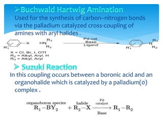  Used for the synthesis of carbon–nitrogen bonds
via the palladium catalyzed cross-coupling of
amines with aryl halides .
In this coupling occurs between a boronic acid and an
organohalide which is catalyzed by a palladium(0)
complex .
 