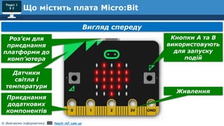 © Вивчаємо інформатику teach-inf.com.ua
Розділ 1
§ 2 Що містить плата Micro:Bit
Вигляд спереду
Роз’єм для
приєднання
платформи до
комп’ютера
Датчики
світла і
температури
Кнопки A та B
використовують
для запуску
подій
Приєднання
додаткових
компонентів
Живлення
 