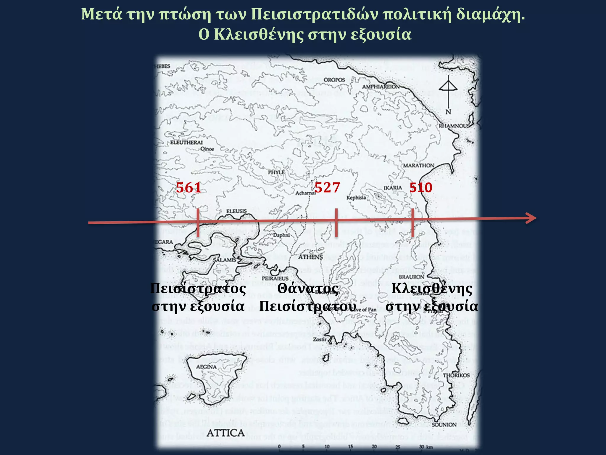 Μετά την πτώση των Πεισιστρατιδών πολιτική διαμάχη.
Ο Κλεισθένης στην εξουσία
561
Πεισίστρατος
στην εξουσία
Θάνατος
Πεισίστρατου
527 510
Κλεισθένης
στην εξουσία
 