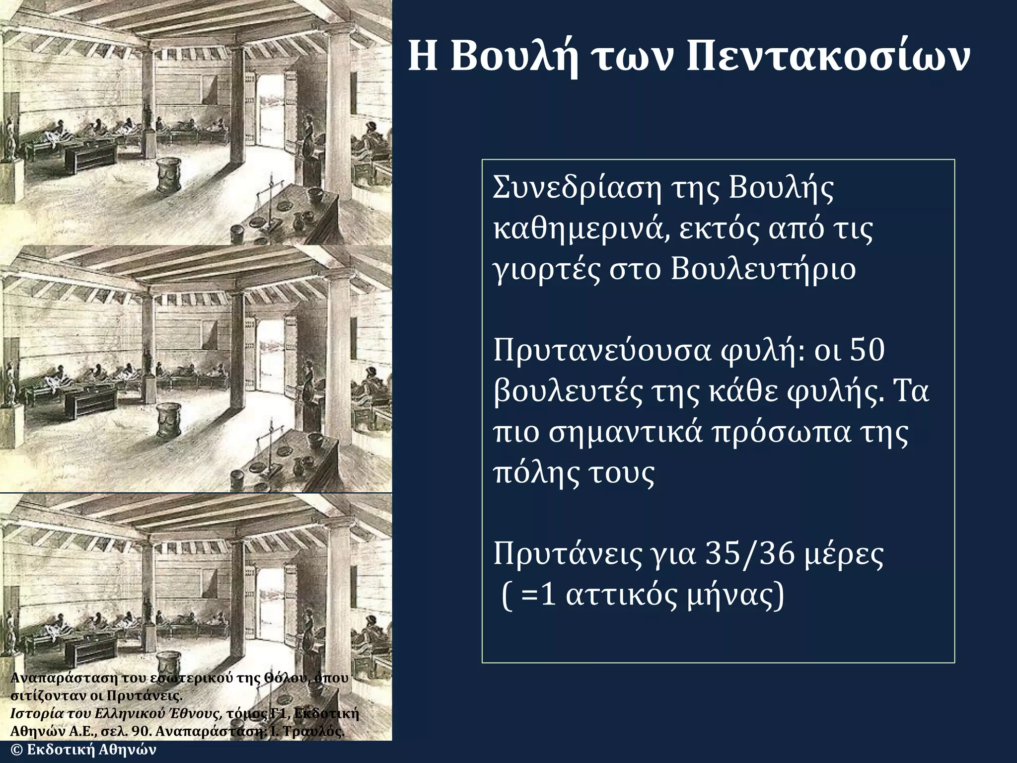 Αναπαράσταση του εσωτερικού της Θόλου, όπου
σιτίζονταν οι Πρυτάνεις.
Ιστορία του Ελληνικού Έθνους, τόμος Γ1, Εκδοτική
Αθηνών Α.Ε., σελ. 90. Αναπαράσταση: Ι. Τραυλός.
© Εκδοτική Αθηνών
Συνεδρίαση της Βουλής
καθημερινά, εκτός από τις
γιορτές στο Βουλευτήριο
Πρυτανεύουσα φυλή: οι 50
βουλευτές της κάθε φυλής. Τα
πιο σημαντικά πρόσωπα της
πόλης τους
Πρυτάνεις για 35/36 μέρες
( =1 αττικός μήνας)
Η Βουλή των Πεντακοσίων
 