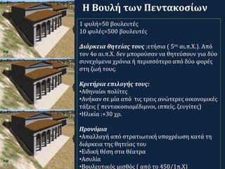 1 φυλή=50 βουλευτές
10 φυλές=500 βουλευτές
Διάρκεια θητείας τους :ετήσια ( 5ος αι.π.Χ.). Από
τον 4ο αι.π.Χ. δεν μπορούσαν να θητεύσουν για δύο
συνεχόμενα χρόνια ή περισσότερο από δύο φορές
στη ζωή τους.
Κριτήρια επιλογής τους:
•Αθηναίοι πολίτες
•Ανήκαν σε μία από τις τρεις ανώτερες οικονομικές
τάξεις ( πεντακοσιομέδιμνοι, ιππείς, ζευγίτες)
•Ηλικία :+30 χρ.
Προνόμια
•Απαλλαγή από στρατιωτική υποχρέωση κατά τη
διάρκεια της θητείας του
•Ειδική θέση στα θέατρα
•Ασυλία
•Βουλευτικός μισθός ( από το 450/1π.Χ)
Η Βουλή των Πεντακοσίων
 