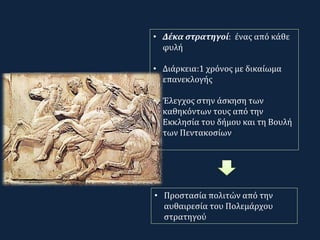 • Δέκα στρατηγοί: ένας από κάθε
φυλή
• Διάρκεια:1 χρόνος με δικαίωμα
επανεκλογής
• Έλεγχος στην άσκηση των
καθηκόντων τους από την
Εκκλησία του δήμου και τη Βουλή
των Πεντακοσίων
• Προστασία πολιτών από την
αυθαιρεσία του Πολεμάρχου
στρατηγού
 