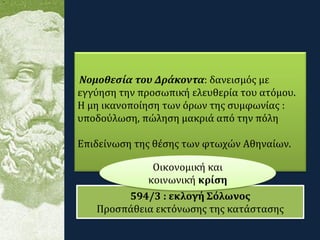 594/3 : εκλογή Σόλωνος
Προσπάθεια εκτόνωσης της κατάστασης
Νομοθεσία του Δράκοντα: δανεισμός με
εγγύηση την προσωπική ελευθερία του ατόμου.
Η μη ικανοποίηση των όρων της συμφωνίας :
υποδούλωση, πώληση μακριά από την πόλη
Επιδείνωση της θέσης των φτωχών Αθηναίων.
Οικονομική και
κοινωνική κρίση
.
 