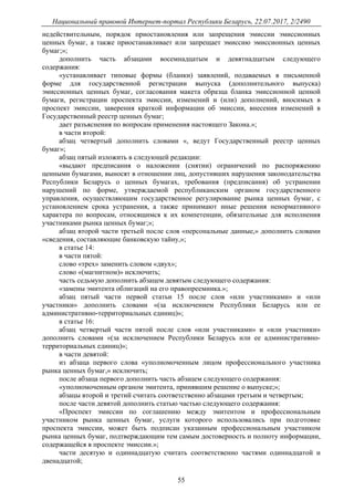 Национальный правовой Интернет-портал Республики Беларусь, 22.07.2017, 2/2490
55
недействительным, порядок приостановления или запрещения эмиссии эмиссионных
ценных бумаг, а также приостанавливает или запрещает эмиссию эмиссионных ценных
бумаг;»;
дополнить часть абзацами восемнадцатым и девятнадцатым следующего
содержания:
«устанавливает типовые формы (бланки) заявлений, подаваемых в письменной
форме для государственной регистрации выпуска (дополнительного выпуска)
эмиссионных ценных бумаг, согласования макета образца бланка эмиссионной ценной
бумаги, регистрации проспекта эмиссии, изменений и (или) дополнений, вносимых в
проспект эмиссии, заверения краткой информации об эмиссии, внесения изменений в
Государственный реестр ценных бумаг;
дает разъяснения по вопросам применения настоящего Закона.»;
в части второй:
абзац четвертый дополнить словами «, ведут Государственный реестр ценных
бумаг»;
абзац пятый изложить в следующей редакции:
«выдают предписания о наложении (снятии) ограничений по распоряжению
ценными бумагами, выносят в отношении лиц, допустивших нарушения законодательства
Республики Беларусь о ценных бумагах, требования (предписания) об устранении
нарушений по форме, утверждаемой республиканским органом государственного
управления, осуществляющим государственное регулирование рынка ценных бумаг, с
установлением срока устранения, а также принимают иные решения ненормативного
характера по вопросам, относящимся к их компетенции, обязательные для исполнения
участниками рынка ценных бумаг;»;
абзац второй части третьей после слов «персональные данные,» дополнить словами
«сведения, составляющие банковскую тайну,»;
в статье 14:
в части пятой:
слово «трех» заменить словом «двух»;
слово «(магнитном)» исключить;
часть седьмую дополнить абзацем девятым следующего содержания:
«замены эмитента облигаций на его правопреемника.»;
абзац пятый части первой статьи 15 после слов «или участниками» и «или
участники» дополнить словами «(за исключением Республики Беларусь или ее
административно-территориальных единиц)»;
в статье 16:
абзац четвертый части пятой после слов «или участниками» и «или участники»
дополнить словами «(за исключением Республики Беларусь или ее административно-
территориальных единиц)»;
в части девятой:
из абзаца первого слова «уполномоченным лицом профессионального участника
рынка ценных бумаг,» исключить;
после абзаца первого дополнить часть абзацем следующего содержания:
«уполномоченным органом эмитента, принявшим решение о выпуске;»;
абзацы второй и третий считать соответственно абзацами третьим и четвертым;
после части девятой дополнить статью частью следующего содержания:
«Проспект эмиссии по соглашению между эмитентом и профессиональным
участником рынка ценных бумаг, услуги которого использовались при подготовке
проспекта эмиссии, может быть подписан указанным профессиональным участником
рынка ценных бумаг, подтверждающим тем самым достоверность и полноту информации,
содержащейся в проспекте эмиссии.»;
части десятую и одиннадцатую считать соответственно частями одиннадцатой и
двенадцатой;
 