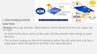 I. Solar pumping module:
Solar Panel:
Photons: Miniscule particles called photons, which radiate from the sun, makes the
sun light.
• As these hit the silicon atoms of the solar cell, they transfer their energy to loose
electrons.
• This involves creating an electrical imbalance within the cell, which acts a bit like a
slope down which the electrons will flow in the same direction.
 