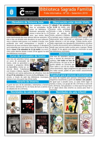 Boletín Informativo de setembro 2019 da Biblioteca Sagrada Familia da Coruña