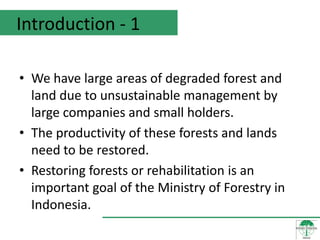 Introduction - 1

• We have large areas of degraded forest and
  land due to unsustainable management by
  large companies and small holders.
• The productivity of these forests and lands
  need to be restored.
• Restoring forests or rehabilitation is an
  important goal of the Ministry of Forestry in
  Indonesia.
 