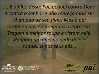 ... E o filho disse: Pai, pequei contra Deus
e contra o senhor e não mereço mais ser
chamado de seu filho! Mas o pai
ordenou aos empregados: Depressa!
Tragam a melhor roupa e vistam nele.
Ponham um anel no dedo dele e
sandálias nos seus pés...
 
