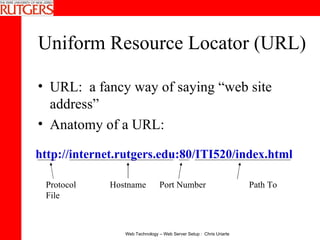 Uniform Resource Locator (URL) URL:  a fancy way of saying “web site address” Anatomy of a URL: http://internet.rutgers.edu:80/ITI520/index.html Protocol  Hostname  Port Number   Path To File 