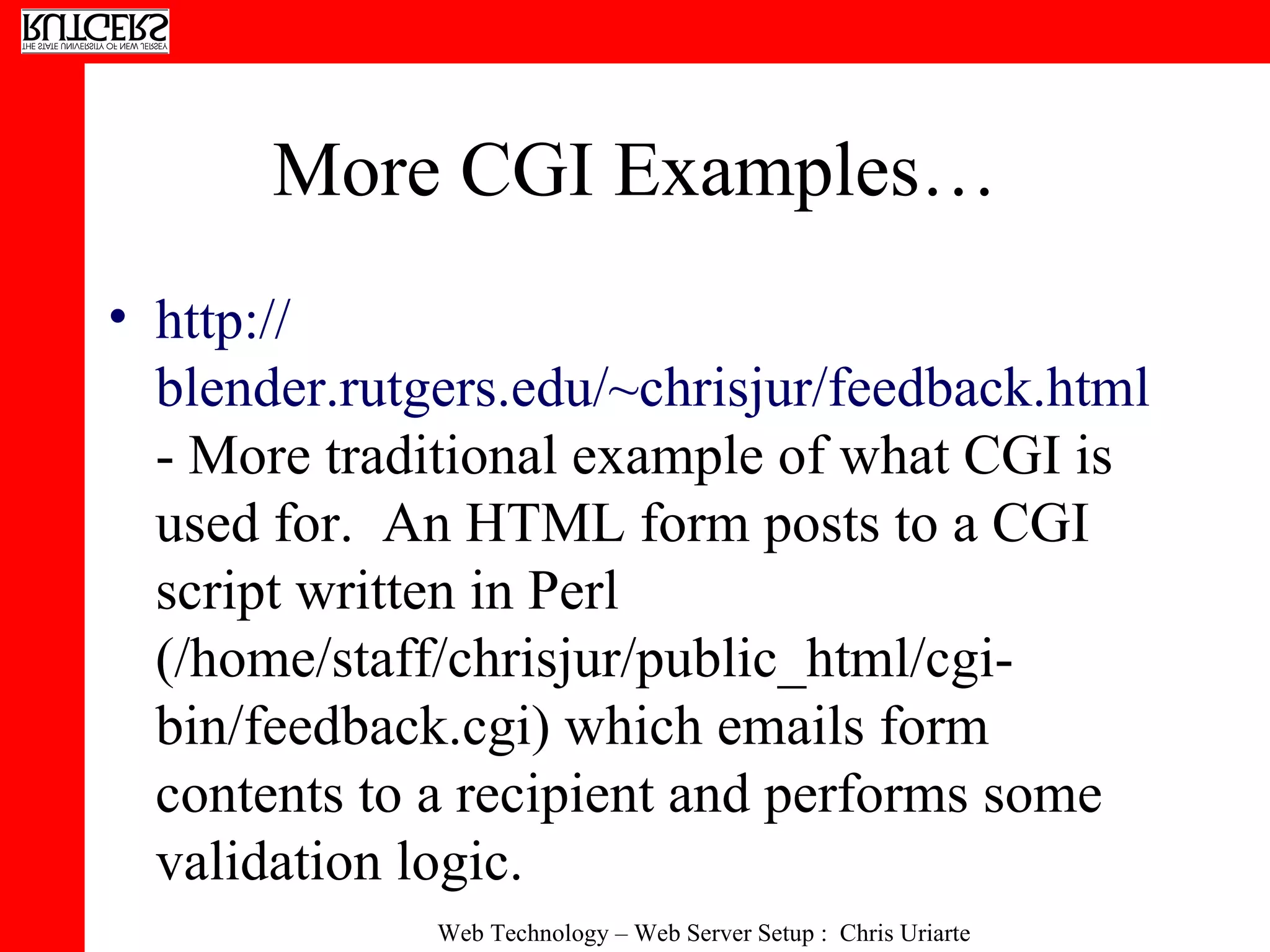 More CGI Examples… http:// blender.rutgers.edu/~chrisjur/feedback.html  - More traditional example of what CGI is used for.  An HTML form posts to a CGI script written in Perl (/home/staff/chrisjur/public_html/cgi-bin/feedback.cgi) which emails form contents to a recipient and performs some validation logic. 