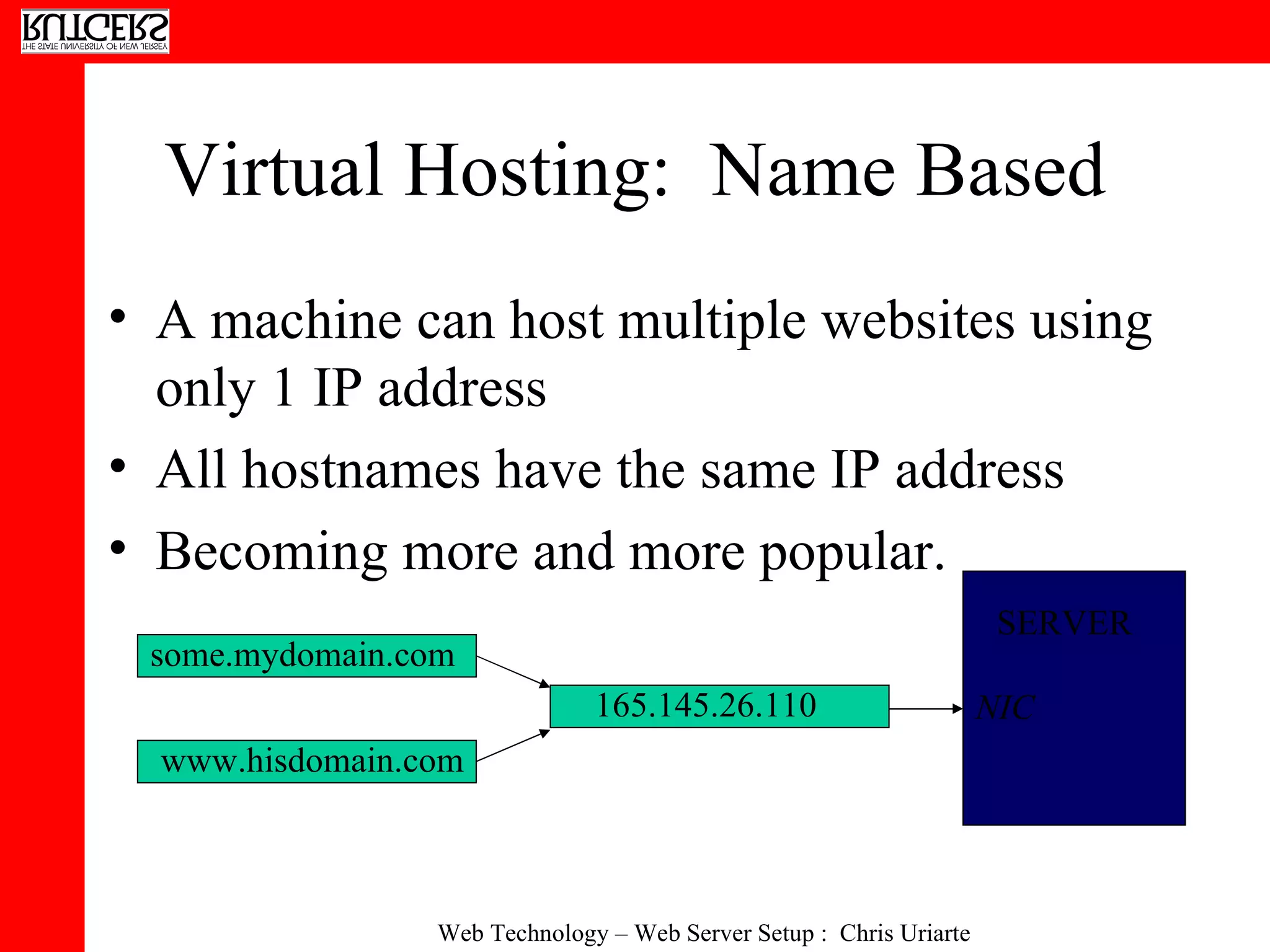 Virtual Hosting:  Name Based A machine can host multiple websites using only 1 IP address All hostnames have the same IP address Becoming more and more popular. some.mydomain.com www.hisdomain.com 165.145.26.110 SERVER NIC 