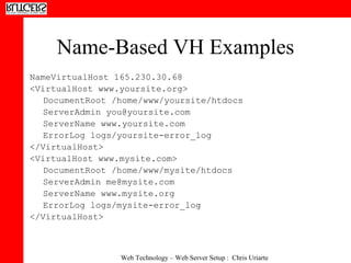 Name-Based VH Examples NameVirtualHost 165.230.30.68 <VirtualHost www.yoursite.org> DocumentRoot /home/www/yoursite/htdocs ServerAdmin you@yoursite.com ServerName www.yoursite.com ErrorLog logs/yoursite-error_log </VirtualHost> <VirtualHost www.mysite.com> DocumentRoot /home/www/mysite/htdocs ServerAdmin me@mysite.com ServerName www.mysite.org ErrorLog logs/mysite-error_log </VirtualHost> 