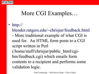 More CGI Examples… http:// blender.rutgers.edu/~chrisjur/feedback.html  - More traditional example of what CGI is used for.  An HTML form posts to a CGI script written in Perl (/home/staff/chrisjur/public_html/cgi-bin/feedback.cgi) which emails form contents to a recipient and performs some validation logic. 