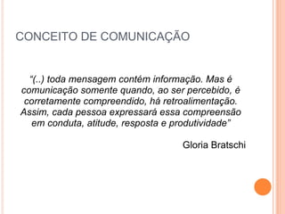 CONCEITO DE COMUNICAÇÃO “ (..) toda mensagem contém informação. Mas é comunicação somente quando, ao ser percebido, é corretamente compreendido, há retroalimentação. Assim, cada pessoa expressará essa compreensão em conduta, atitude, resposta e produtividade” Gloria Bratschi 