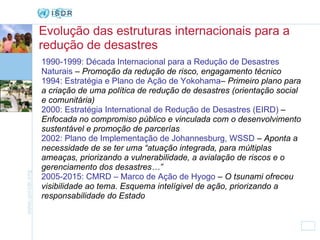 1990-1999: Década Internacional para a Redução de Desastres Naturais  – Promoção da redução de risco, engagamento técnico 1994: Estratégia e Plano de Ação   de Yokohama – Primeiro plano para a criação de uma política de redução de desastres (orientação social e comunitária) 2000: Estratégia International de Redução de Desastres (EIRD)   – Enfocada no compromiso público e vinculada com o desenvolvimento sustentável e promoção de parcerías 2002: Plano de Implementação de Johannesburg, WSSD   – Aponta a necessidade de se ter uma “atuação integrada, para múltiplas ameaças, priorizando a vulnerabilidade, a avialação de riscos e o gerenciamento dos desastres…” 2005-2015: CMRD – Marco de Ação de Hyogo  – O tsunami ofreceu visibilidade ao tema. Esquema intelígivel de ação, priorizando a responsabilidade do Estado Evolução das estruturas internacionais para a redução de desastres 