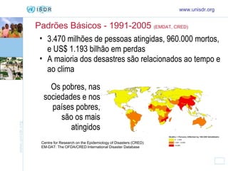 Padrões Básicos - 1991-2005  (EMDAT, CRED)   www.unisdr.org 3.470 milhões de pessoas atingidas, 960.000 mortos, e US$ 1.193 bilhão em perdas  A maioria dos desastres são relacionados ao tempo e ao clima  Os pobres, nas sociedades e nos países pobres, são os mais atingidos Centre for Research on the Epidemiology of Disasters (CRED) EM-DAT: The OFDA/CRED International Disaster Database 