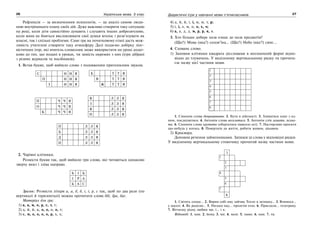 26 Українська мова. 5 клас26 2727Дидактичні ігри у навчанні мови п’ятикласників
Рефлексія — за визначенням психологів, — це аналіз самою люди-
ною внутрішнього плану своїх дій. Дуже важливо створити таку ситуацію
на році, коли діти самостійно думають і слухають інших доброзичливо,
коли вони не бояться висловлювати свої думки вголос і розв’язувати як
власні, так і спільні проблеми. Саме гра на початковому етапі дасть мож-
ливість учителеві створити таку атмосферу. Далі подаємо добірку лінг-
вістичних ігор, які вчитель-словесник може використати на уроці додат-
ково до тих, що подані в уроках, чи замість окремих з них (ігри дібрані
з різних журналів та посібників).
1. Встав букви, щоб вийшло слово з подовженим приголосним звуком.
С Н Н Я
П Н Н Я
З Н Н Я
Б Т Т Я
В Т Т Я
Ж Т Т Я
П Ч Ч Я
О Ч Ч Я
К Ч Ч Я
В Л Л Я
З Л Л Я
В Л Л Я
П Л Л Я
П Л Л Я
Б Л Л Я
Д Л Л Я
П Л Л Я
2. Чарівні клітинки.
Розмісти букви так, щоб вийшло три слова, які читаються однаково
зверху вниз і зліва направо.
Б І Б
І Р А
Б А С
Зразок: Розмісти літери а, а, б, б, і, і, р, с так, щоб по два рази (по
вертикалі й горизонталі) можна прочитати слова біб, Іра, бас.
Матеріал для гри:
1) а, а, м, о, р, с, т, т;
2) д, й, й, к, о, о, о, о, т;
3) к, м, о, о, о, о, р, х, х;
4) д, й, й, і, і, м, м, т, р;
5) і, і, л, м, о, о, х, ч;
6) а, а, д, д, м, р, р, я, я.
3. Хто більше добере назв ознак до назв предметів?
(Що?) Мова (яка?) солов’їна... (Що?) Небо (яке?) синє...
4. Сховане слово.
1) Заповни клітинки квадрата дієсловами в неозначеній формі відпо-
відно до тлумачень. У виділеному вертикальному рядку ти прочита-
єш назву цієї частини мови.
1
2
3
4
5
6
7
8
1. Синонім слова допрацювати. 2. Бути в дійсності. 3. Зливатися одне з од-
ним, поєднуватися. 4. Антонім слова веселитися. 5. Антонім слів ламати, псува-
ти. 6. Синонім слова крутити (обертатися навколо осі). 7. Настирливо просити
що-небудь у когось. 8. Повертати до життя, робити живим, цікавим.
2) Кросворд.
Доповни речення займенниками. Запиши ці слова у відповідні рядки.
У виділеному вертикальному стовпчику прочитай назву частини мови.
З
1
2
3
4
5
6
7
К
1. Світить сонце... 2. Вирив собі яму зайчик Тепло в затишку... 3. Вчимося...
у школі. 4. Як радісно... 5. Низько над... пролетів птах. 6. Прислали... телеграму.
7. Вітчизну рідну любим ми, і... і я.
Відповіді: 1. нам. 2. йому. 3. ми. 4. мені. 5. нами. 6. нам. 7. ти.
 